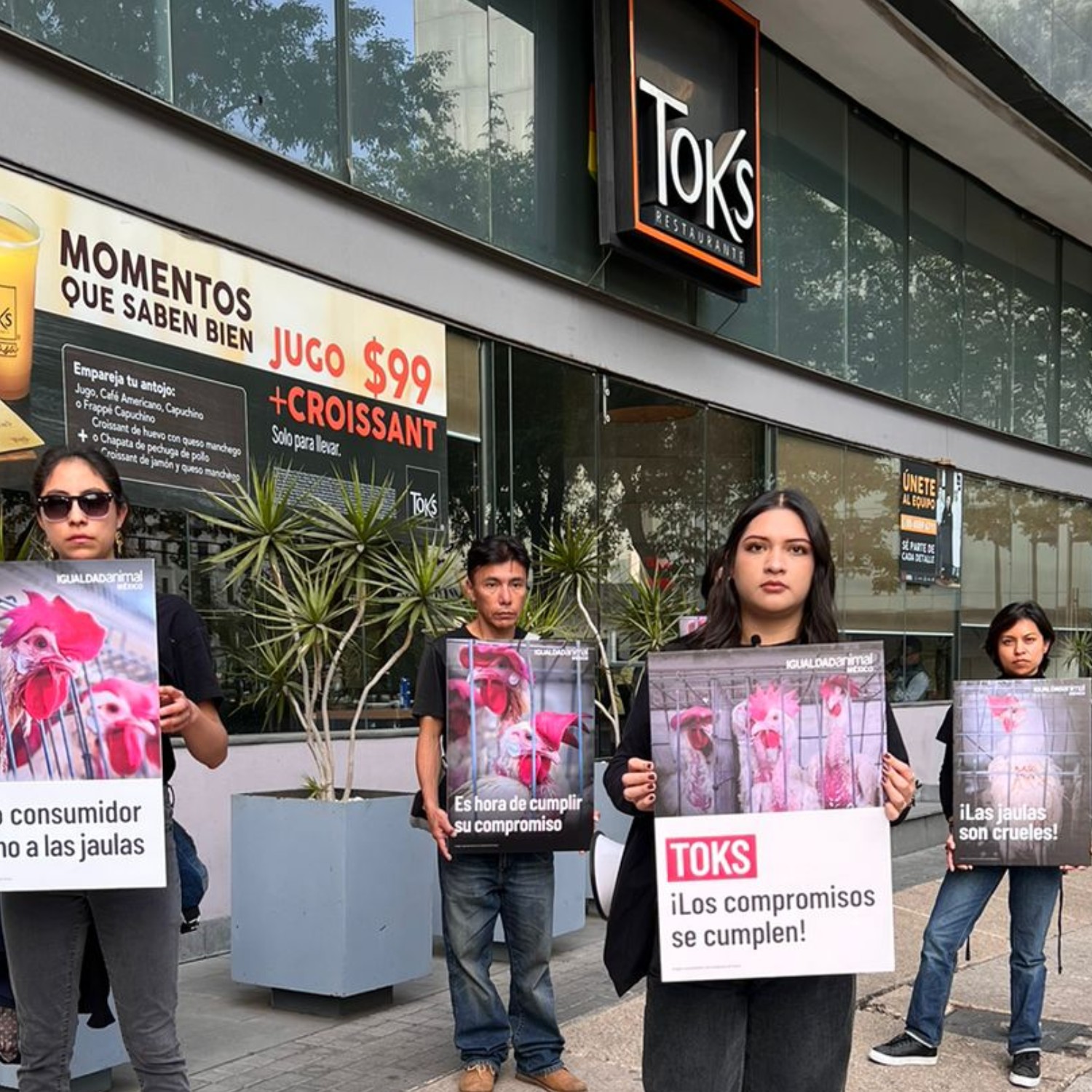 Cecilia Ortuño, Coordinadora de Campañas de Igualdad Animal México, y Protectores de Animales protestando frente a Toks, en Reforma.