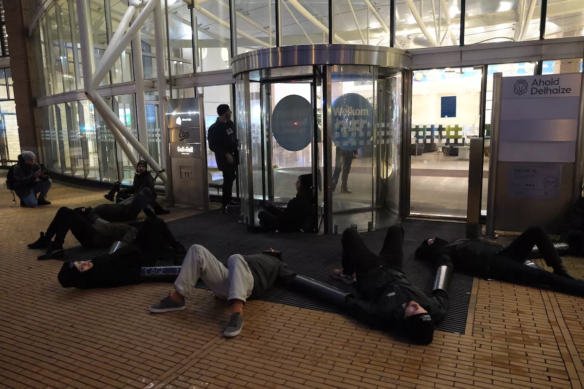 Activistas se encadenan a la sede central de Ahold Delhaize por las gallinas enjauladas